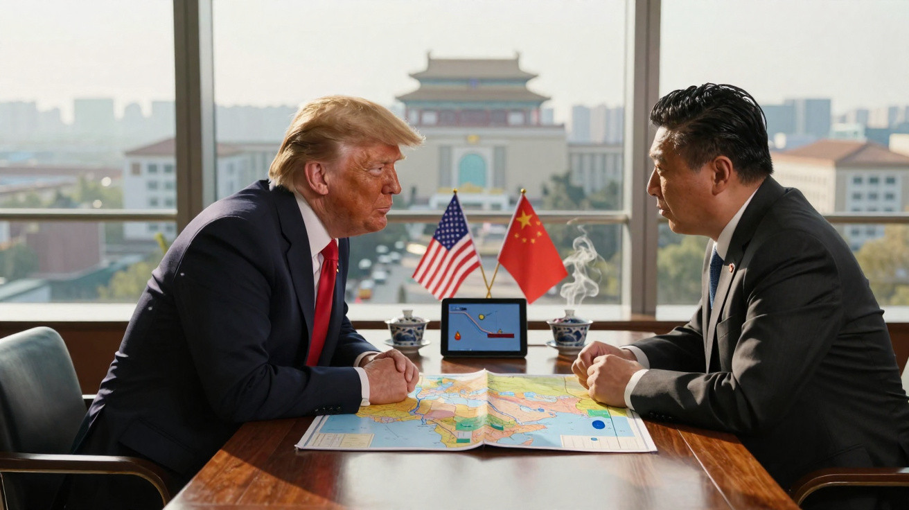 Donald Trump e Xi Jinping sentados frente a frente com mapa e bandeiras dos EUA e China numa mesa.