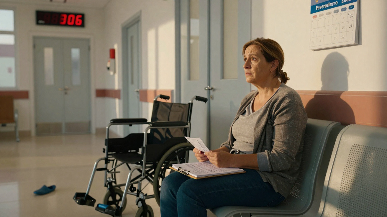 Mulher sentada numa sala de espera hospitalar com cadeira de rodas atrás e calendário na parede.