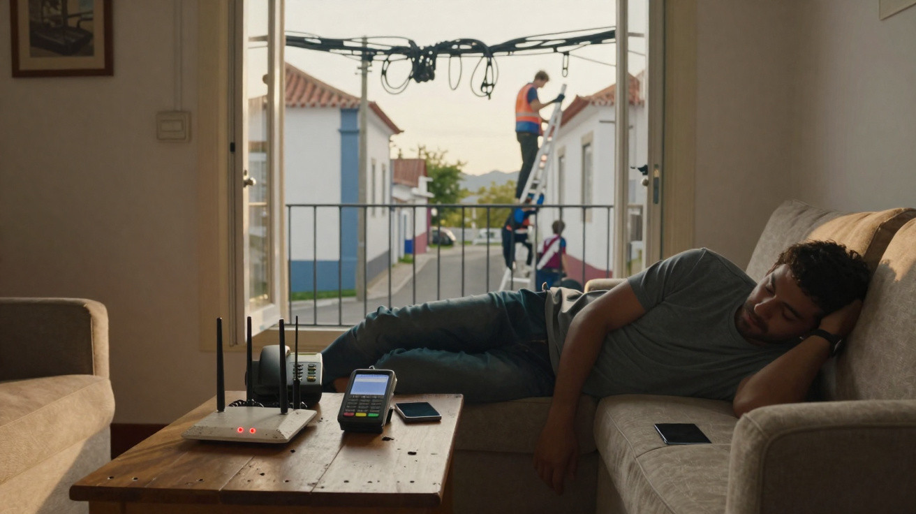 Homem deitado num sofá dentro de casa, enquanto dois técnicos definem cabos elétricos numa rua exterior vista pela janela abe