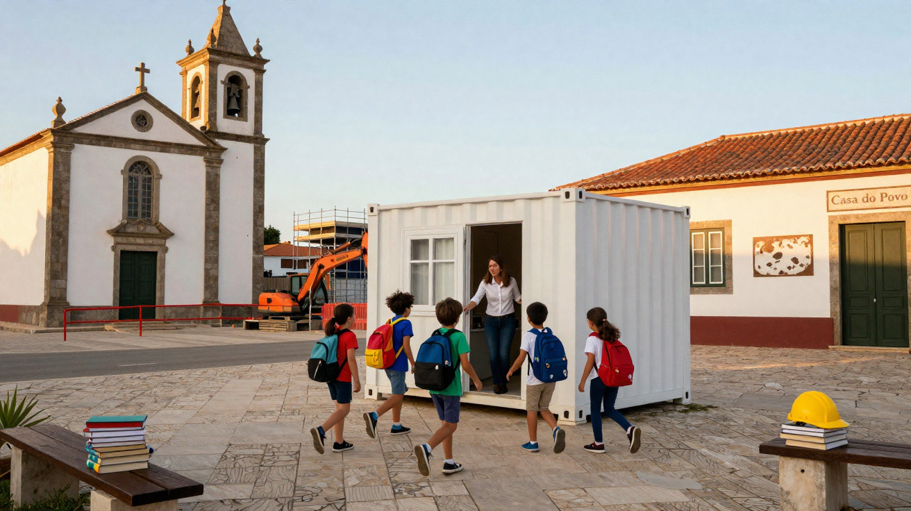 Crianças com mochilas entram em contentor convertido em sala de aula ao ar livre, com igreja e edifício ao fundo.