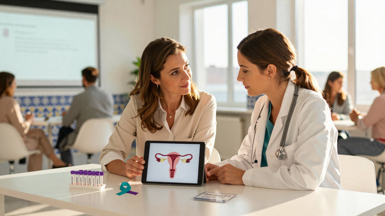 Médica explica imagem do aparelho reprodutor feminino a paciente numa consulta num consultório moderno.