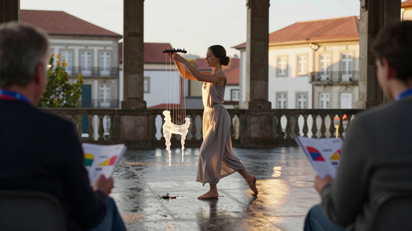 Bailarina a dançar com marionetas num palco ao ar livre, com dois espectadores em primeiro plano.