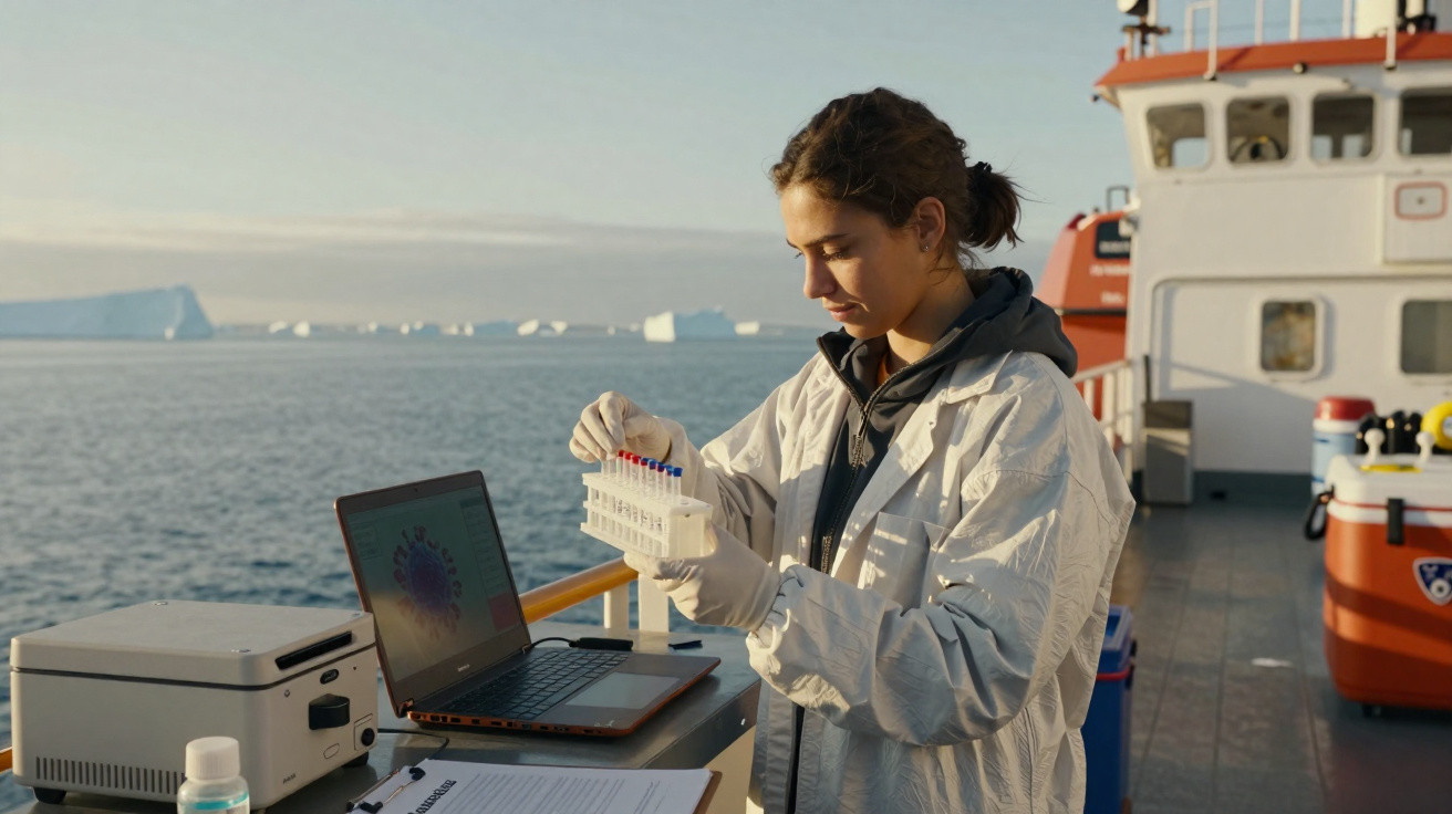 Mulher cientista no convés do barco, a analisar tubos de ensaio com icebergues ao fundo.