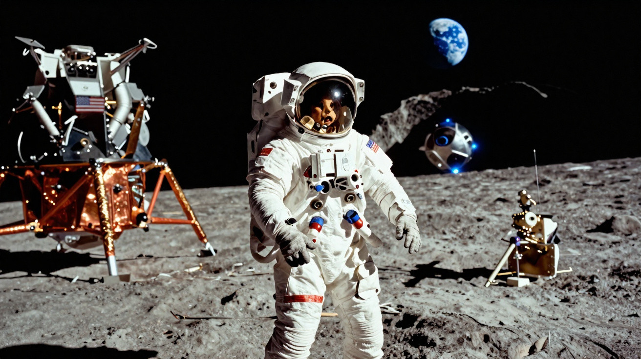 Astronauta em fato espacial na superfície da lua com módulo lunar e Terra visível ao fundo.