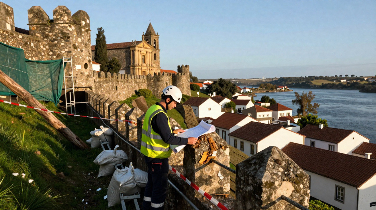Trabalhador de capacete e colete refaz muralha histórica com igreja ao fundo numa vila costeira ao pôr do sol.