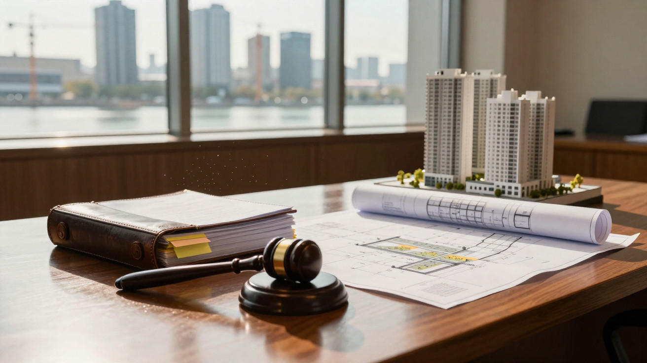 Mesa com maquete de edifícios, planta arquitetónica, pilha de documentos e martelo judicial num escritório iluminado.