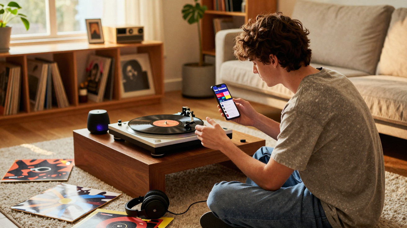 Jovem sentado na sala escutando música em gira-discos com smartphone na mão.