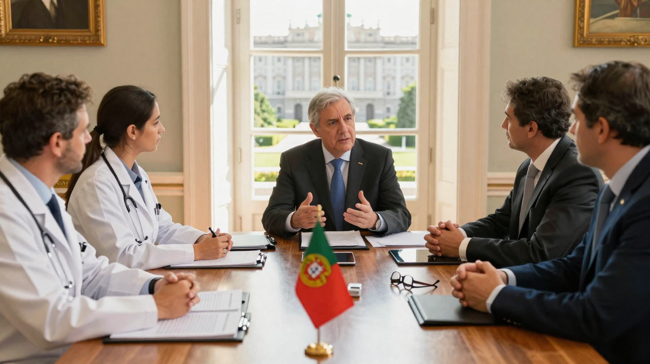 Reunião oficial com cinco pessoas sentadas à volta de mesa com bandeira de Portugal, três médicos e dois homens de fato.