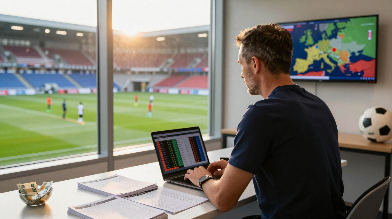 Homem a analisar apostas desportivas num portátil com jogo de futebol ao fundo num estádio.