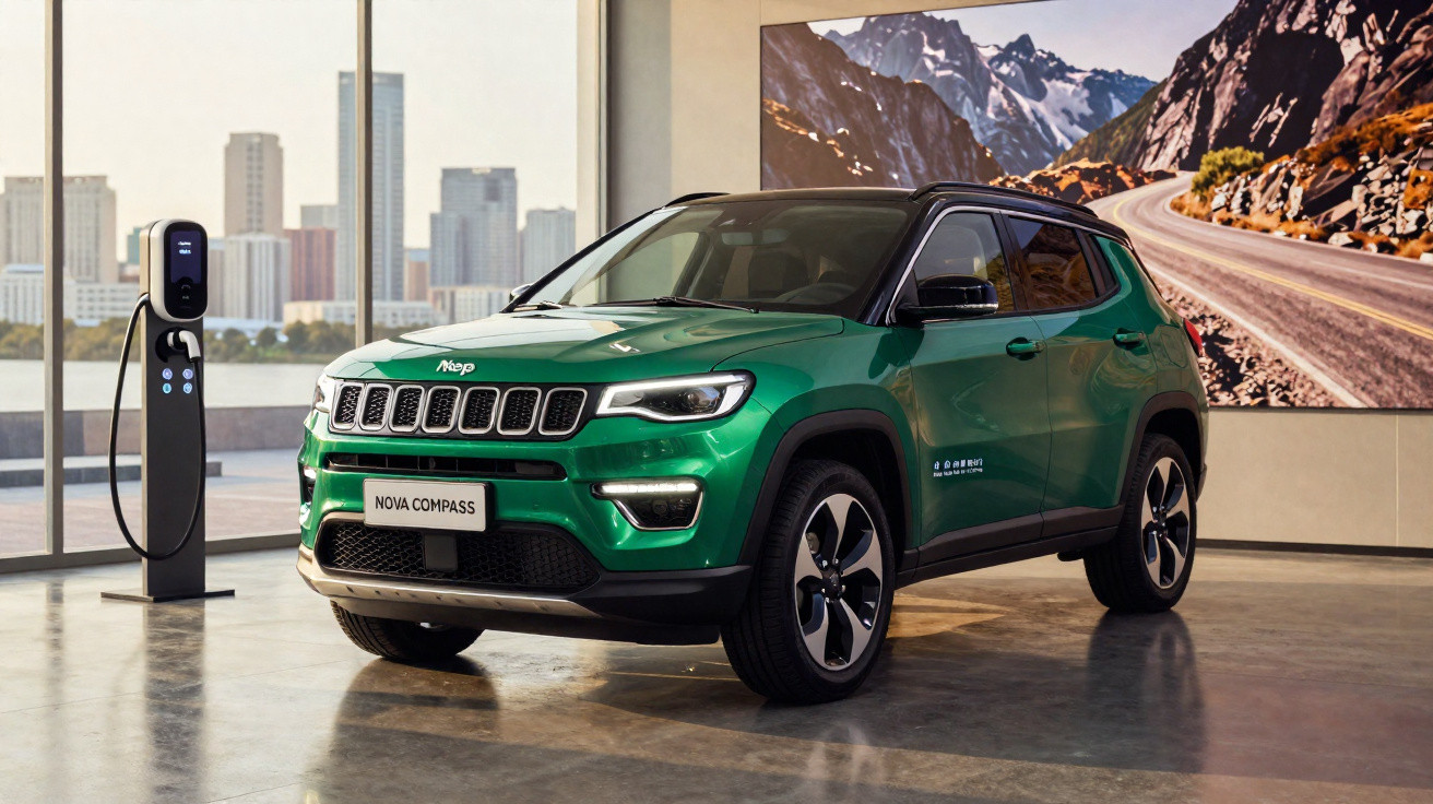 Automóvel verde Jeep Nova Compass estacionado em showroom com estação de carregamento ao lado.