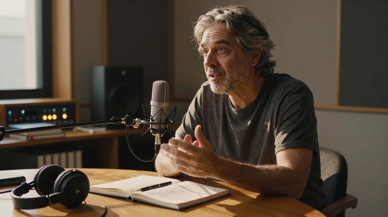 Homem com microfone e headphones grava podcast ou áudio num estúdio com janela e caderno aberto à sua frente.