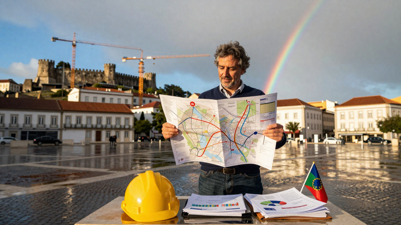 Homem de fato com mapa na mão em praça com arcada, capacete amarelo e arco-íris ao fundo.