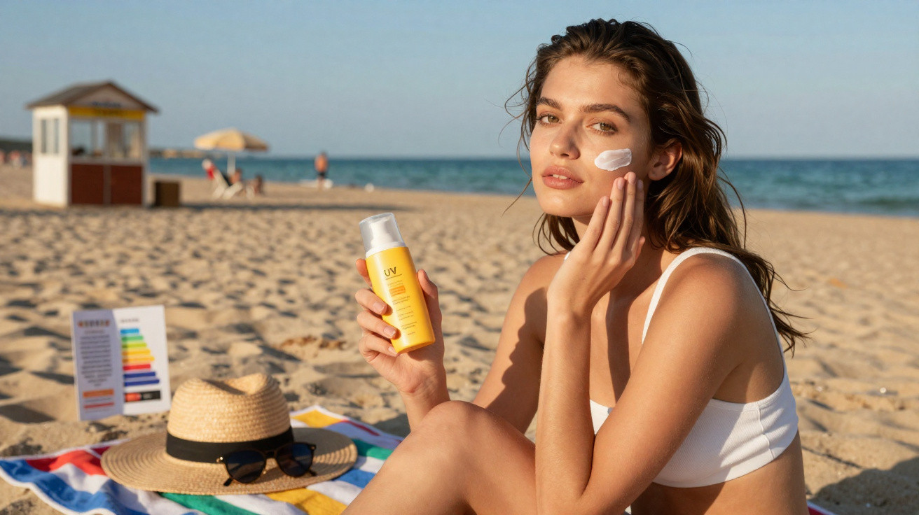Mulher a aplicar protetor solar no rosto na praia, sentada na toalha com mar ao fundo.