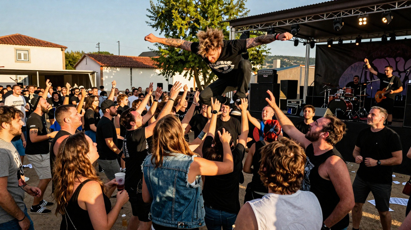 Pessoas em concerto ao ar livre, com um jovem a saltar sobre o público entusiasmado diante do palco.