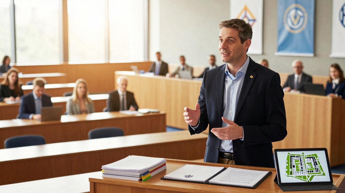Homem a fazer apresentação numa sala de reuniões com várias pessoas a ouvir atentamente.