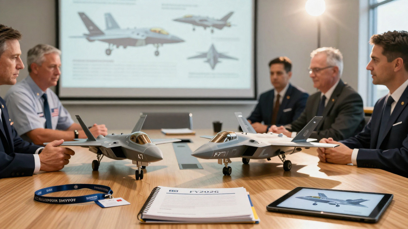 Cinco pessoas numa reunião sobre aviões militares com dois modelos de avião em miniatura e apresentação projetada numa sala.