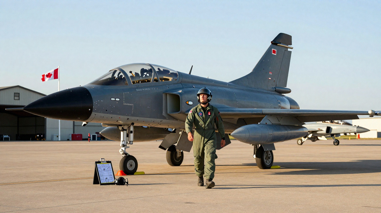 Piloto militar de fato de voo e capacete a caminhar à frente de jato de combate estacionado numa pista de aeroporto.