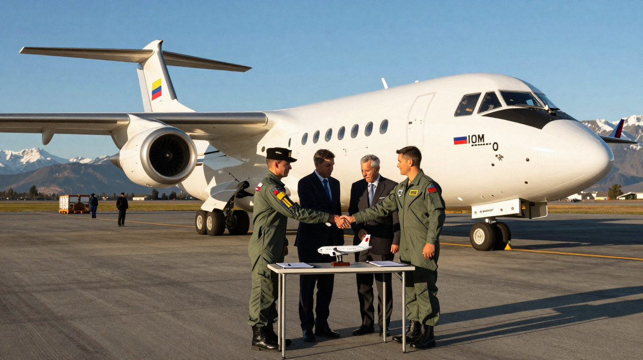 Quatro homens, dois em uniformes militares, apertam as mãos junto a mesa com maquete em aeroporto, avião branco ao fundo.