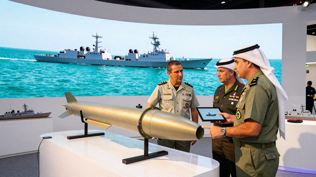 Três militares analisam um míssil exposto num pavilhão com imagens de navios de guerra no fundo.