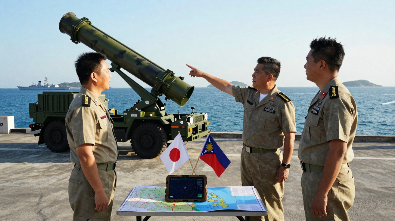 Dois militares junto a mapa e lança-foguetes, apontando para navios no mar com bandeiras do Japão e Filipinas.