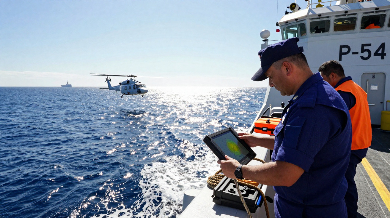 Dois marinheiros em coletes de salvamento observam um tablet no convés de um navio, com um helicóptero vermelho no mar.