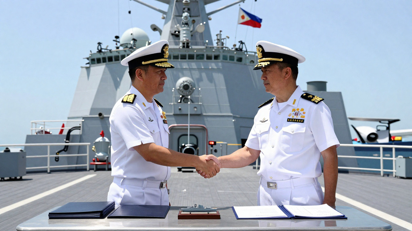 Dois oficiais navais em uniforme branco apertam as mãos no convés de um navio militar com bandeiras ao fundo.