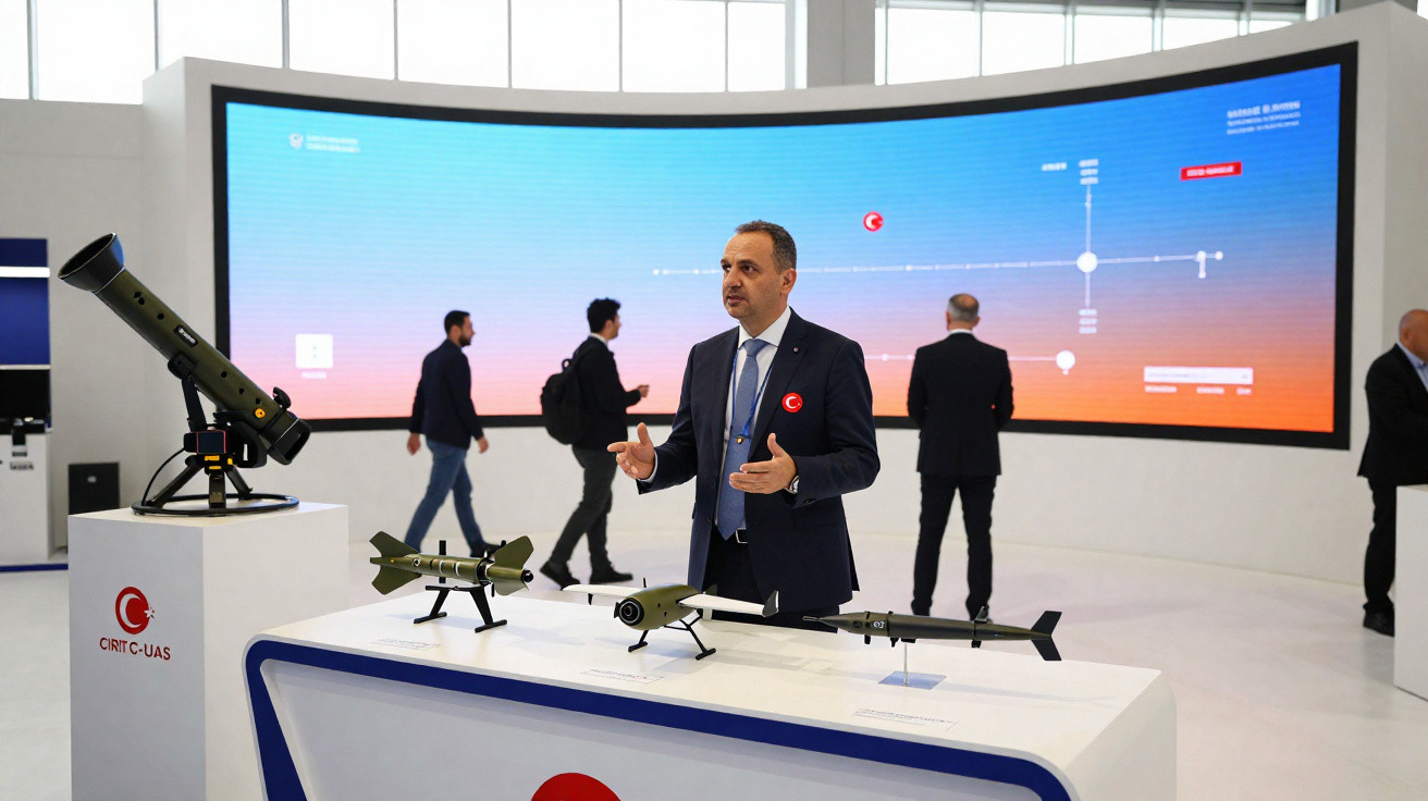 Homem em fato apresentando modelos de drones e mísseis numa feira de defesa com bandeira da Turquia ao fundo.