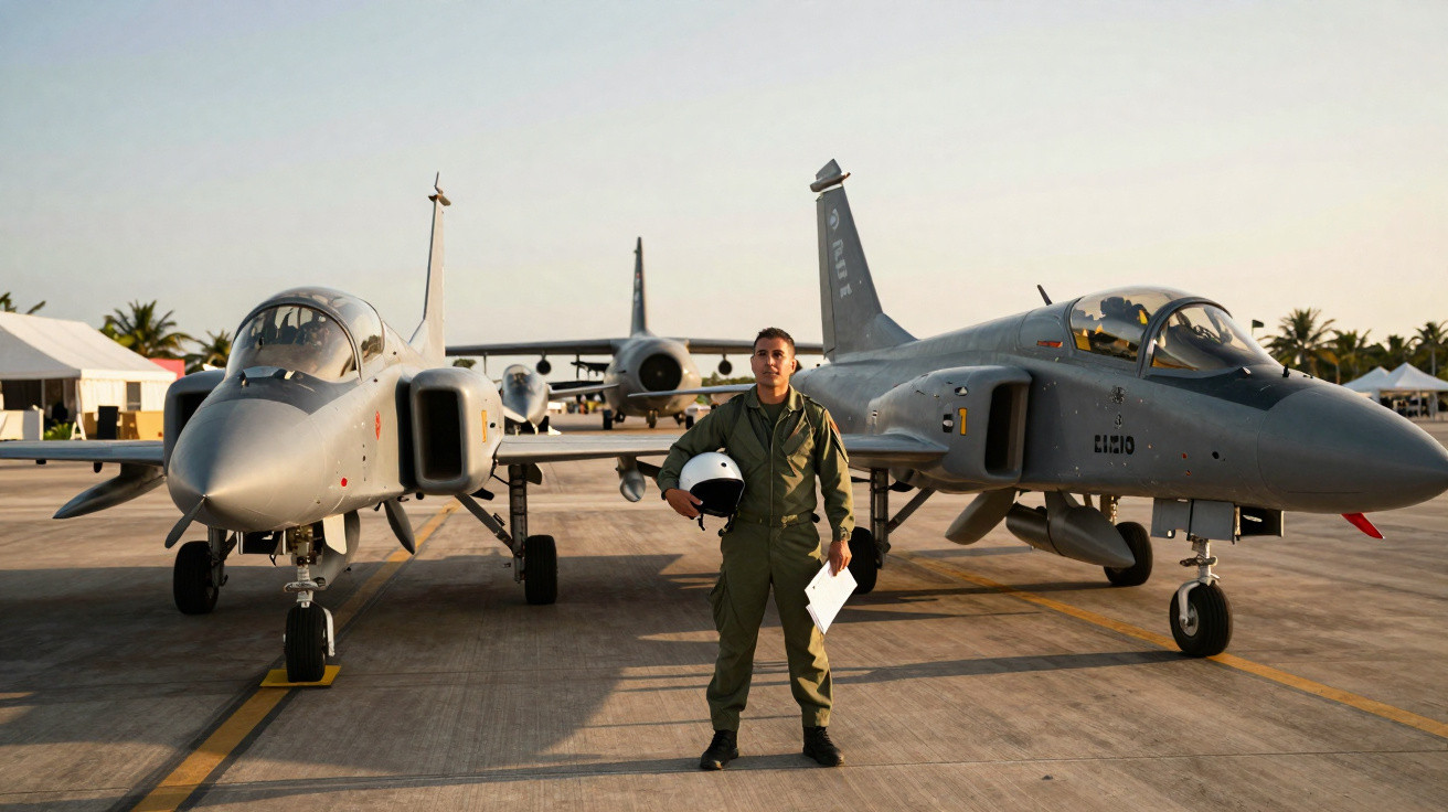 Piloto militar em fato verde junto a dois aviões de caça estacionados numa pista ao pôr do sol.