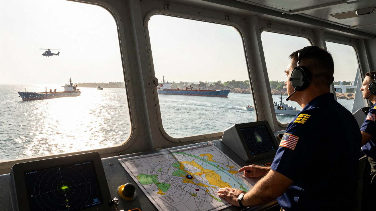 Homem com fones em ponte de comando de navio, a navegar junto a comboio naval e helicóptero em mar calmo.