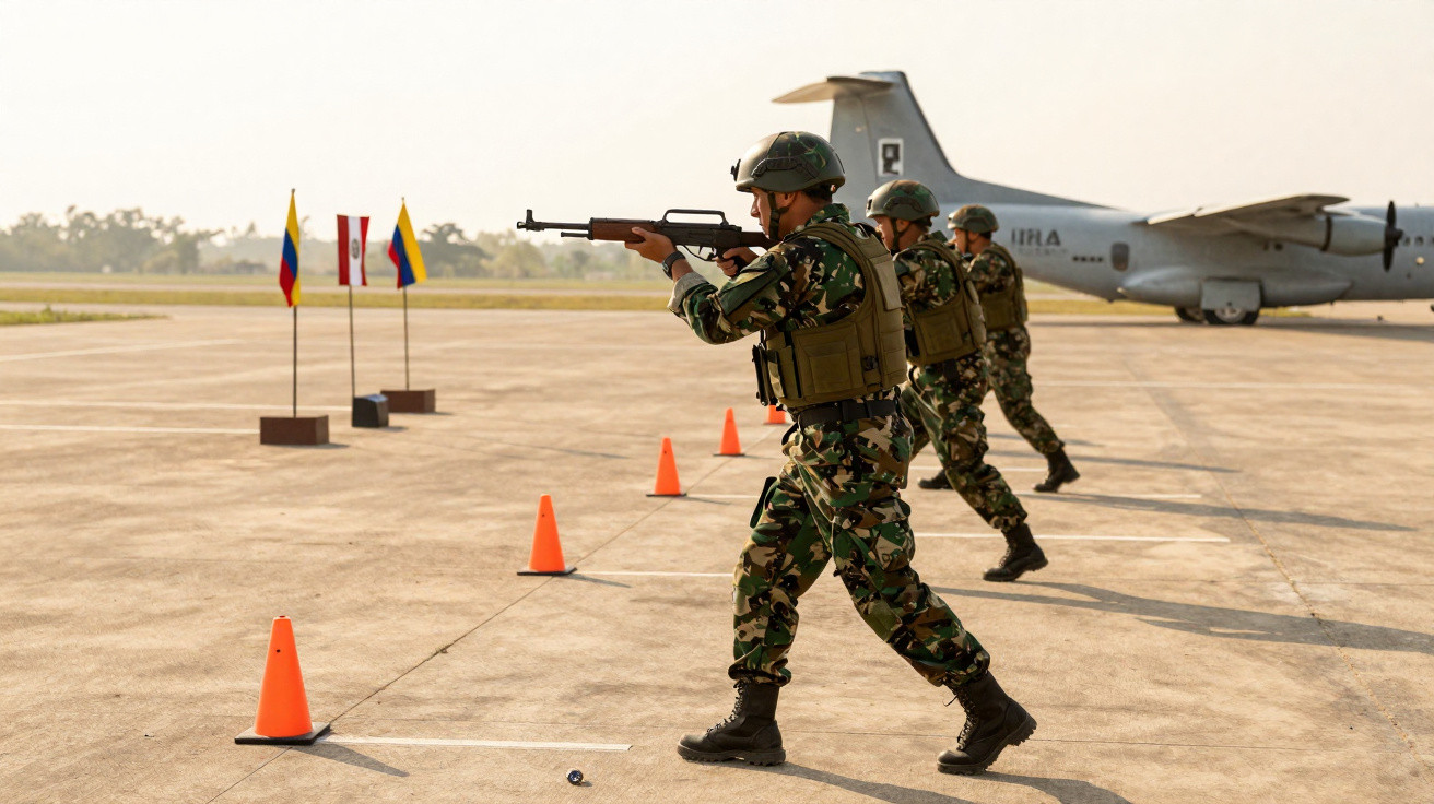 Soldados em farda camuflada fazem treino de tiro num campo aberto com avião e bandeiras ao fundo.