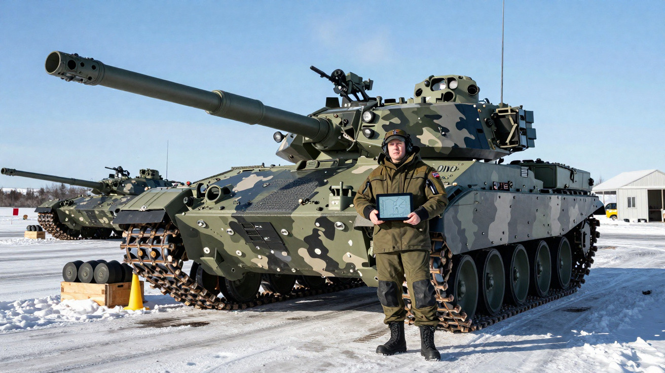 Soldado em uniforme militar ao lado de um tanque camuflado em área nevada com céu azul.