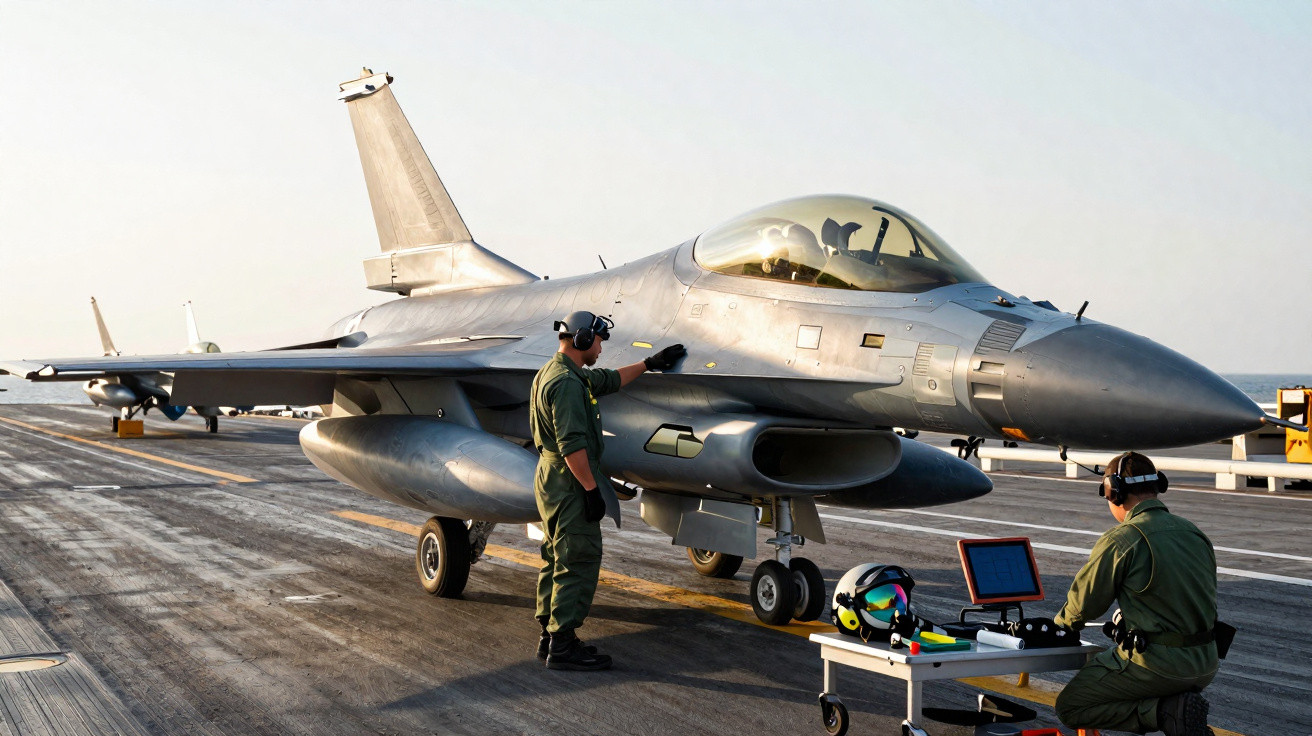 Dois militares ao lado de um caça F-16 na pista de um porta-aviões ao pôr do sol.