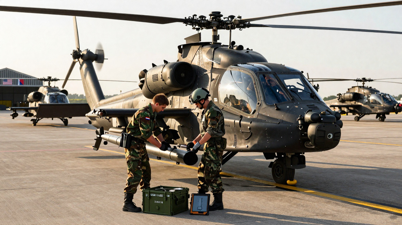Soldados militares preparam armamento junto a helicópteros de combate estacionados numa pista.