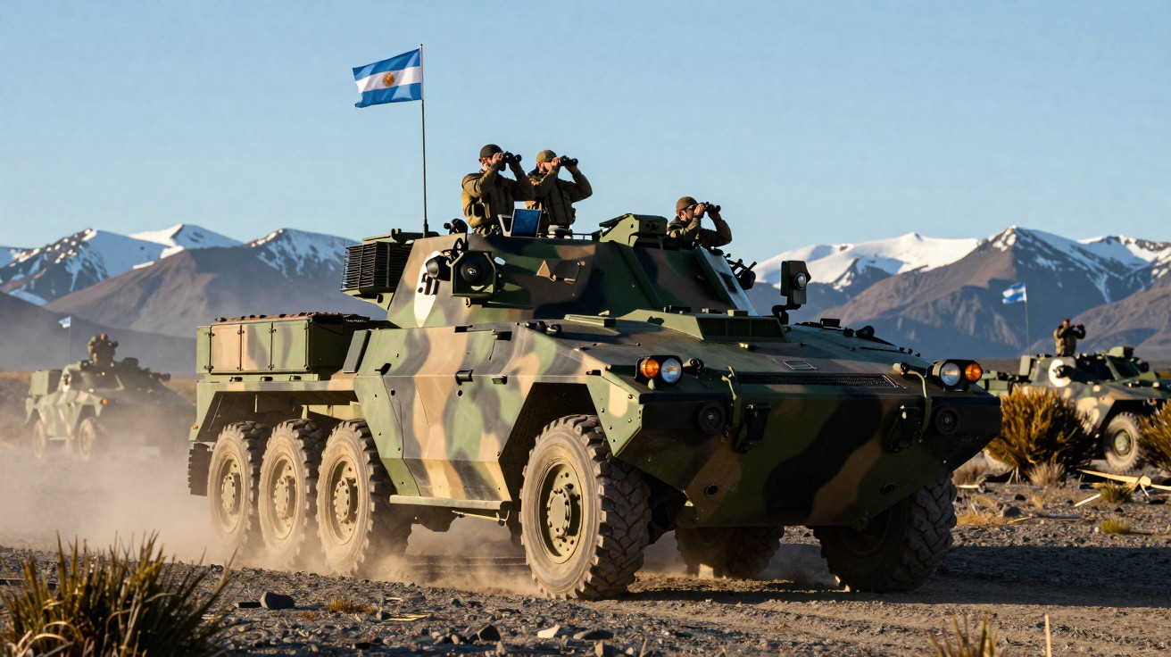 Veículo militar blindado camuflado com soldados e bandeira, em terreno montanhoso com neve ao fundo.