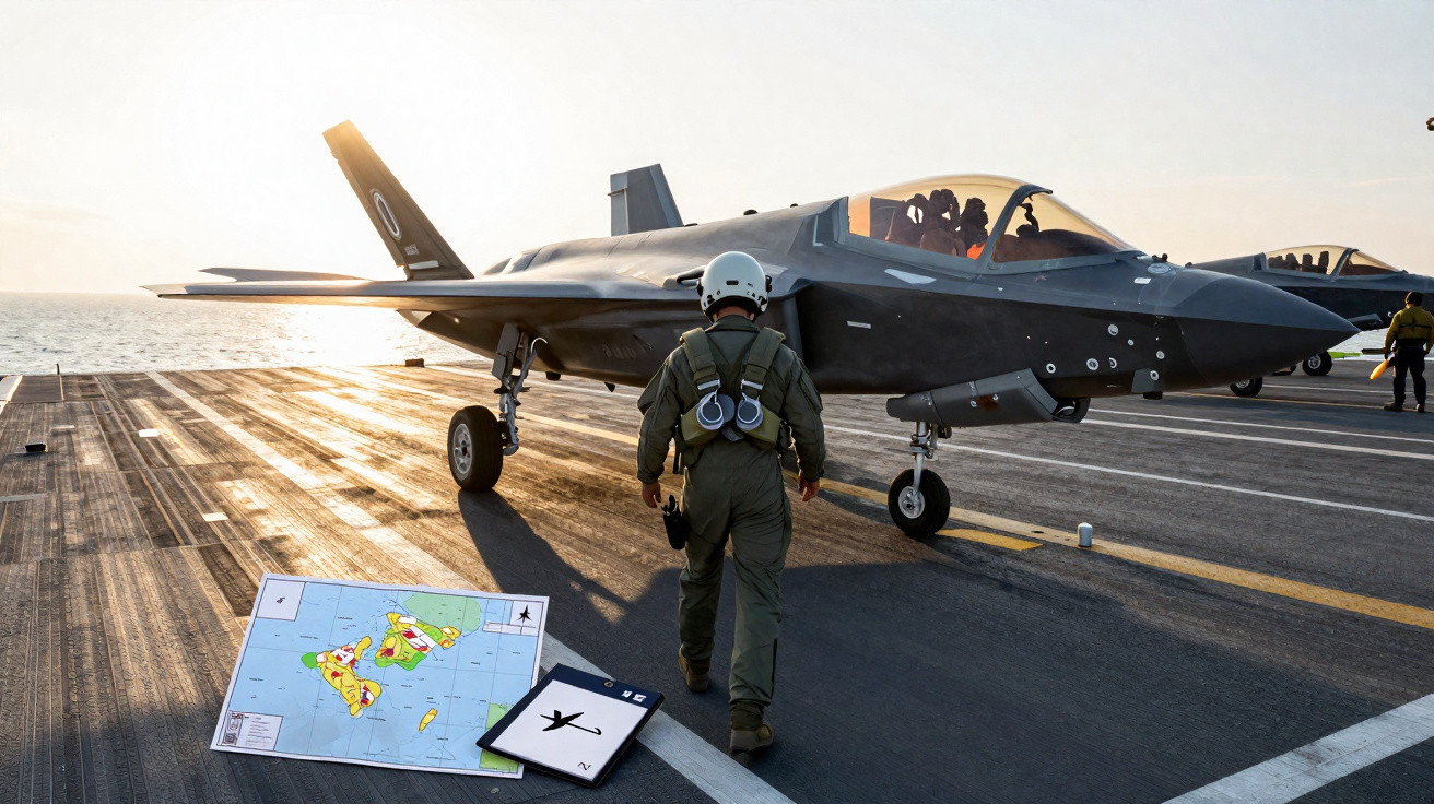 Piloto a caminhar no convés de porta-aviões ao lado de caça furtivo ao pôr do sol, com mapa e revista no chão.