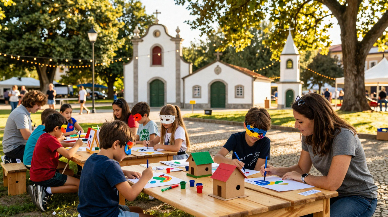 Crianças e adulta pintam máscaras e pássaros de papel em mesas ao ar livre com igreja ao fundo.