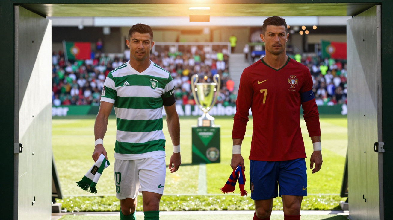 Dois futebolistas com braçadeiras de capitão caminham em túnel de estádio com troféu ao fundo.