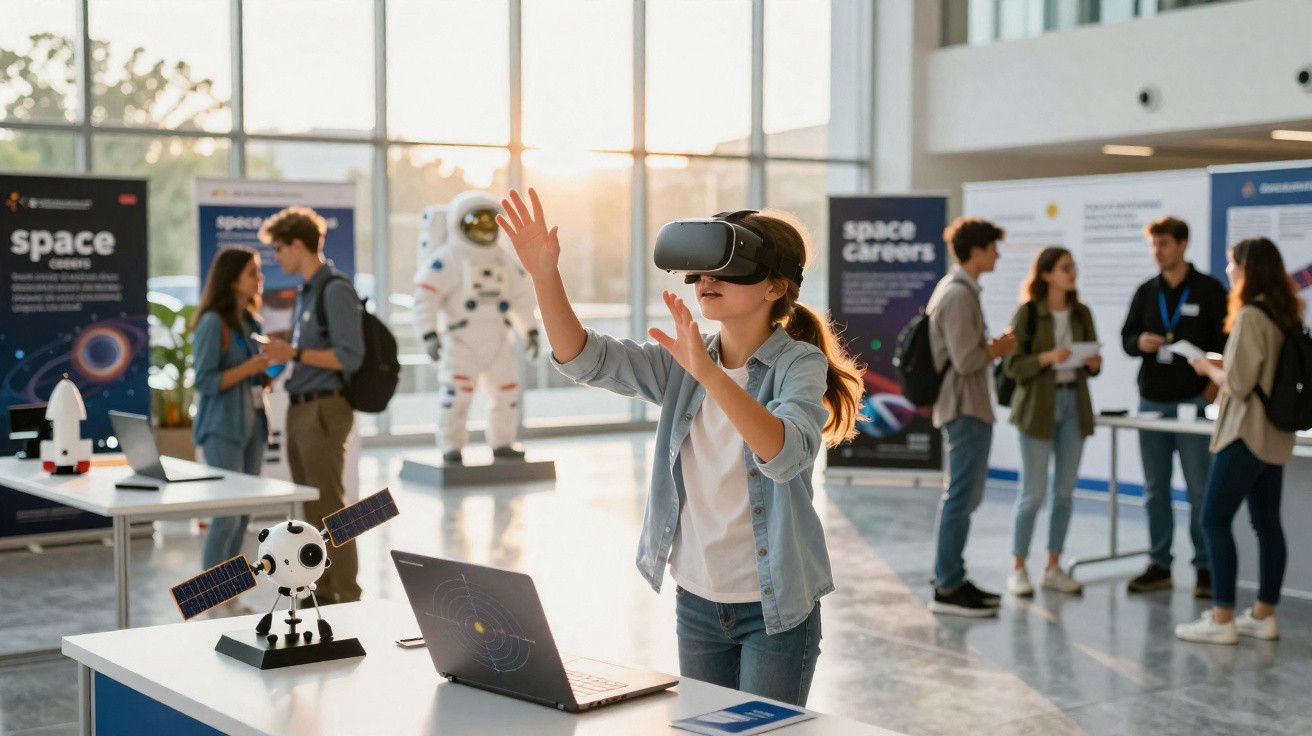 Criança usa óculos de realidade virtual em exposição sobre espaço, rodeada por modelo de satélite e pessoas conversando.