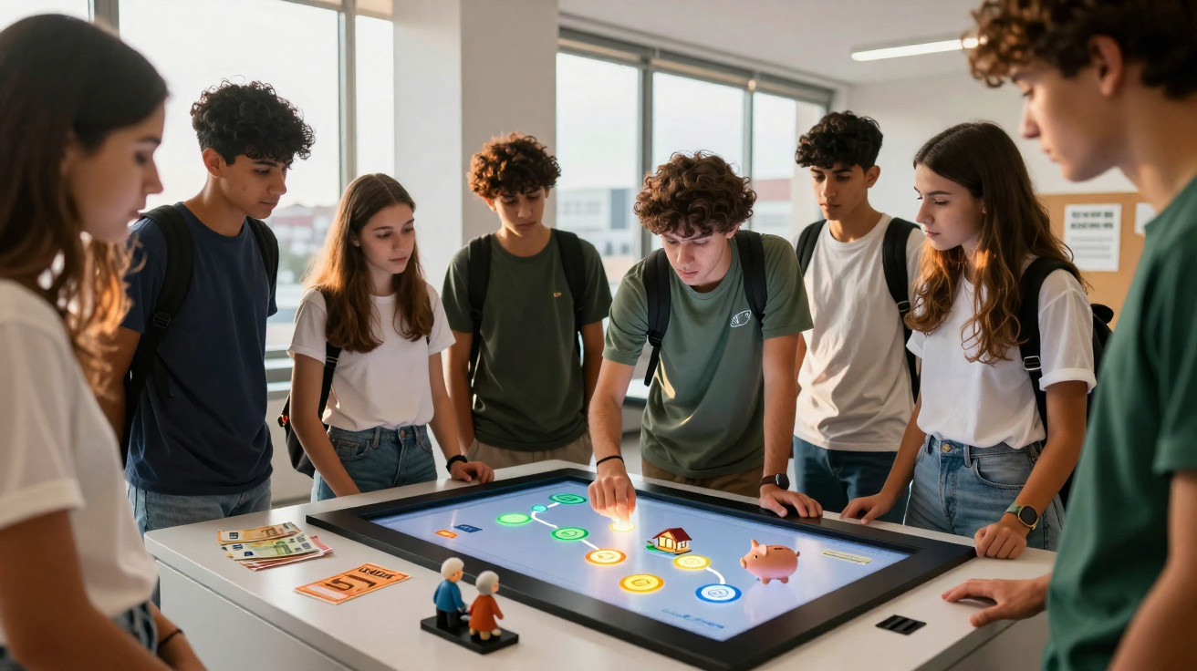 Grupo de jovens em pé à volta de uma mesa digital interativa com gráficos coloridos numa sala iluminada.