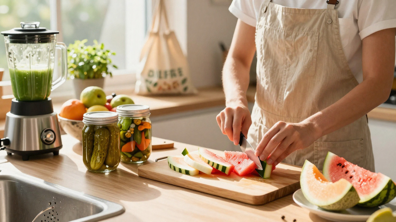 Pessoa a cortar fatias de melancia numa tábua numa cozinha luminosa com jarros de legumes conservados e liquidificador.
