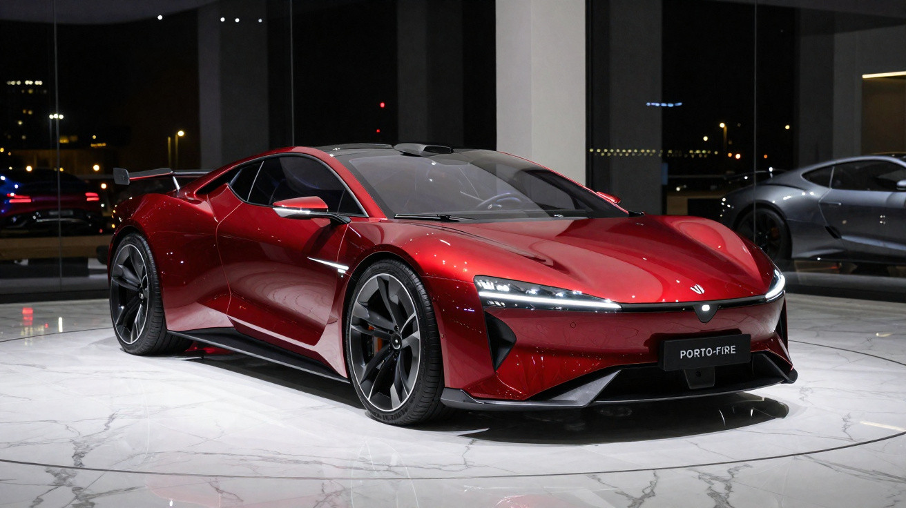 Carro desportivo vermelho brilhante exposto em piso de mármore, com faróis modernos e jantes negras elegantes.