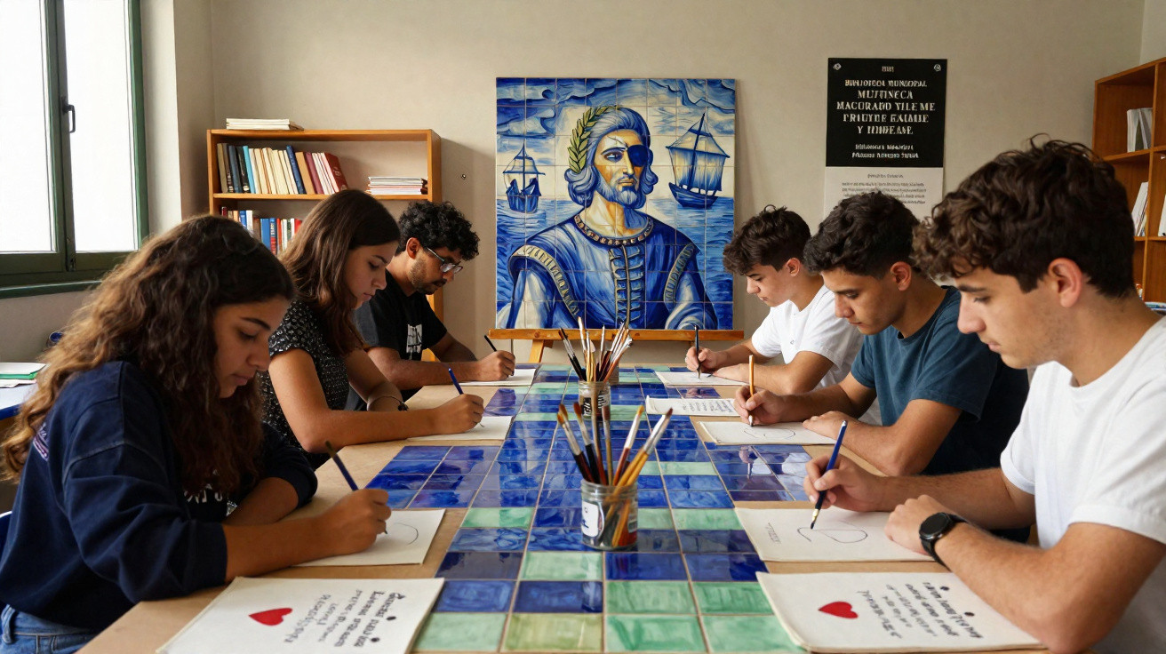 Seis jovens sentados à volta de uma mesa azul a desenhar numa sala com biblioteca e pintura mural.