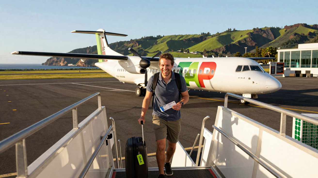 Homem sorridente com mala de viagem sobe escada de avião TAP num aeroporto com colinas verdes ao fundo.