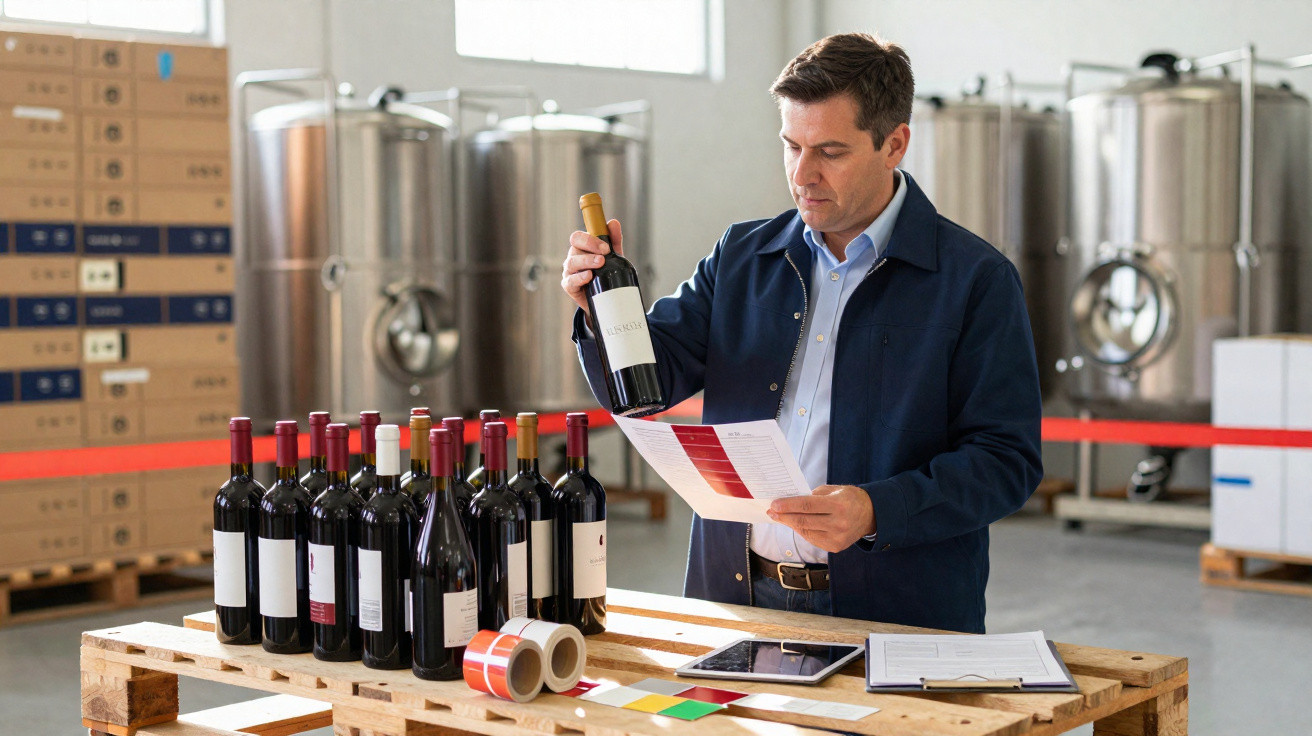 Homem a inspecionar garrafa de vinho numa adega com várias garrafas e equipamentos industriais ao fundo.