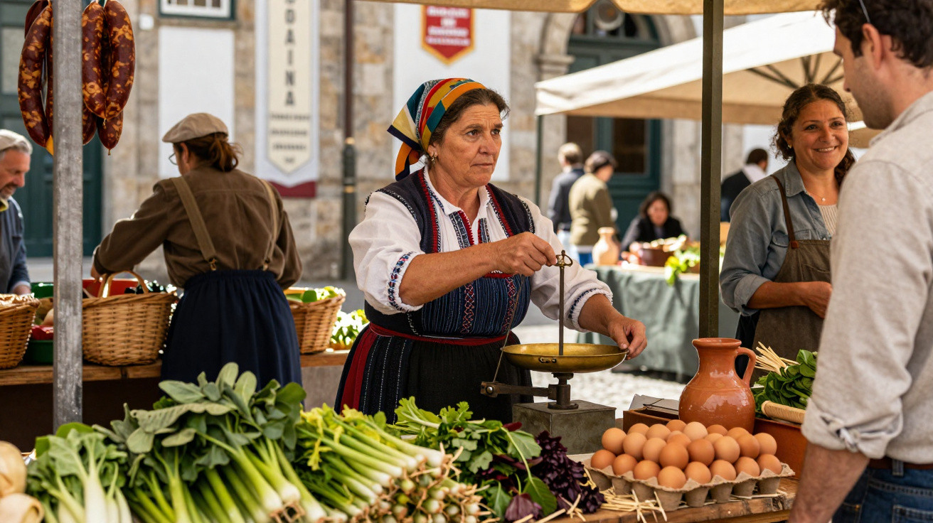 Mulher em traje tradicional a pesar produtos frescos numa feira ao ar livre com vegetais e ovos à venda.