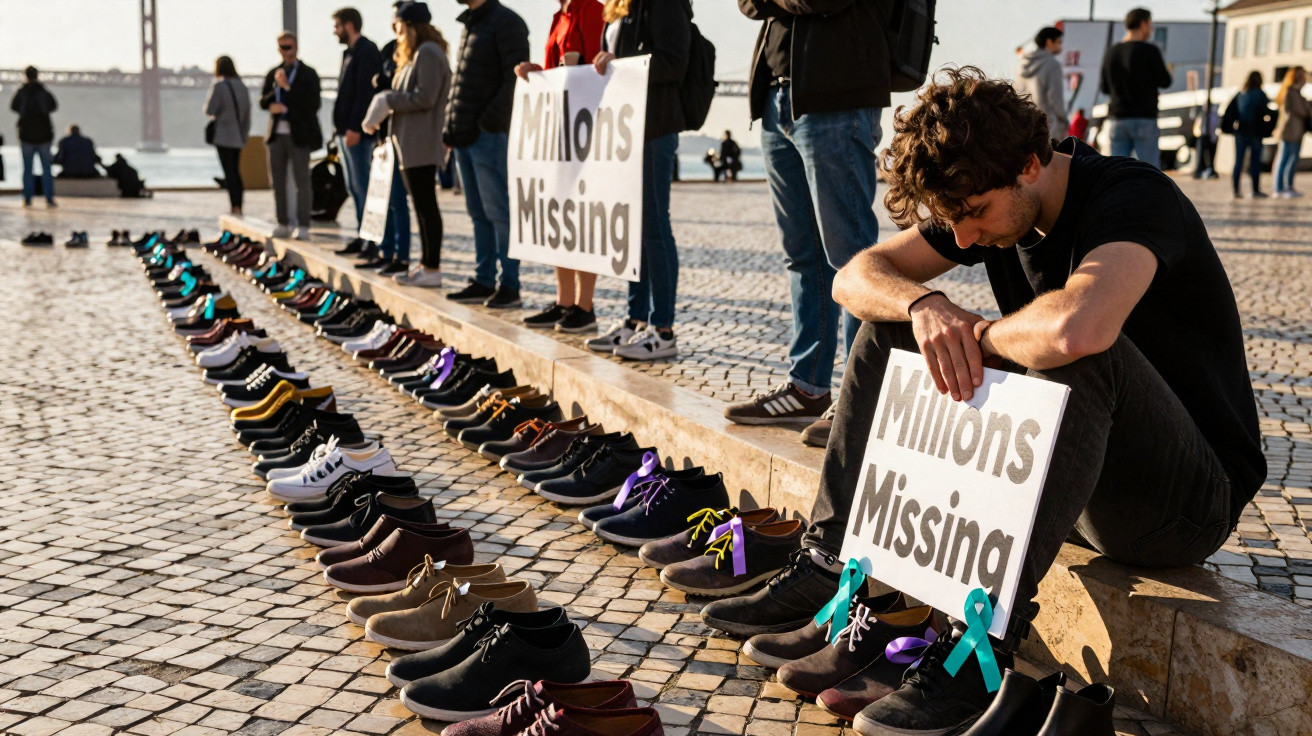 Protesto com pessoas, filas de sapatos no chão e placas com a mensagem "Millions Missing" junto a fitas de consciencialização