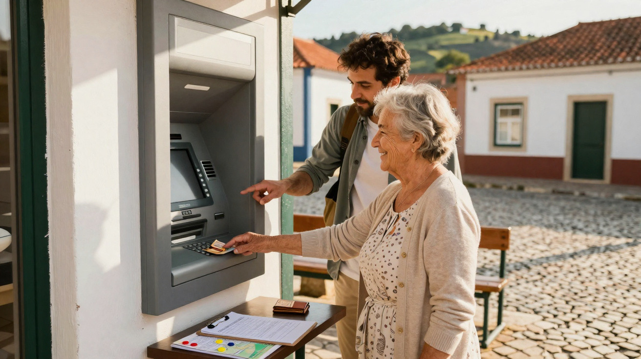 Idosa a usar multibanco ao ar livre com ajuda de homem mais jovem numa praça com casas tradicionais.