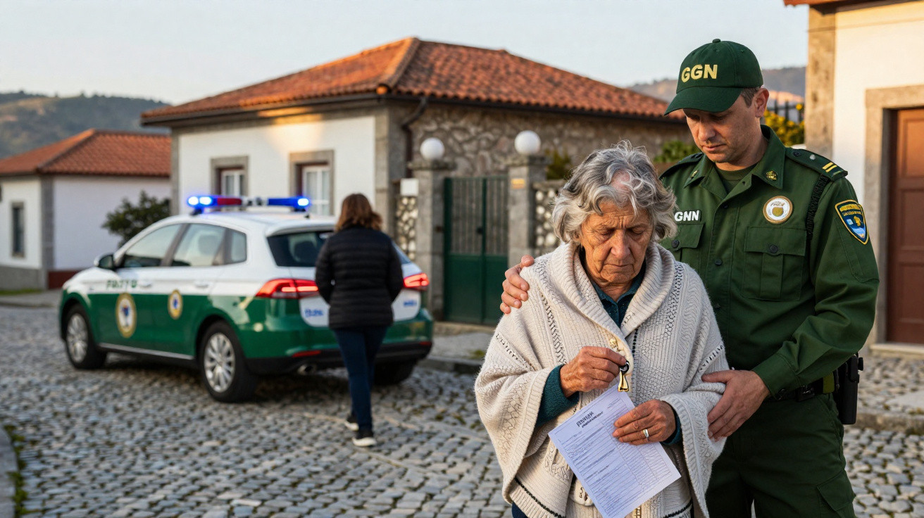 Agente da GNR conforta idosa com documento na mão, com viatura policial e outra pessoa ao fundo numa rua de pedra.