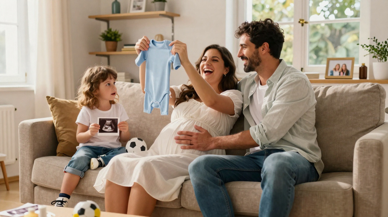 Família feliz sentada no sofá, mulher grávida segura roupa de bebé, criança segura ecografia.