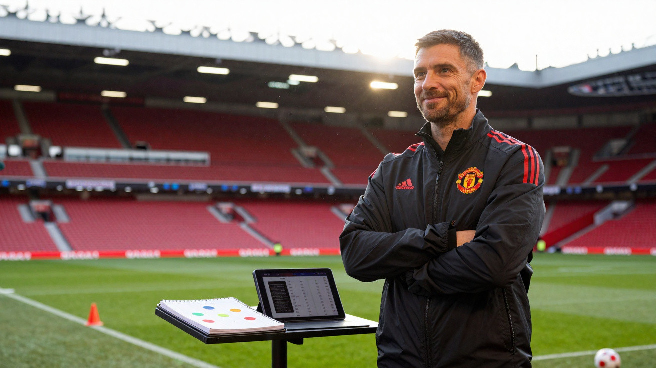 Homem com fato desportivo do Manchester United junto a um campo de futebol num estádio vazio.